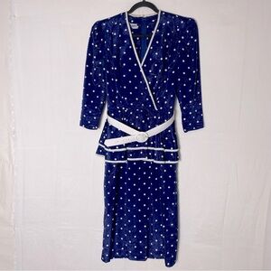 Vintage Nu Mode Navy Blue White Polkadot Belted Dress W Ruffle Waist M